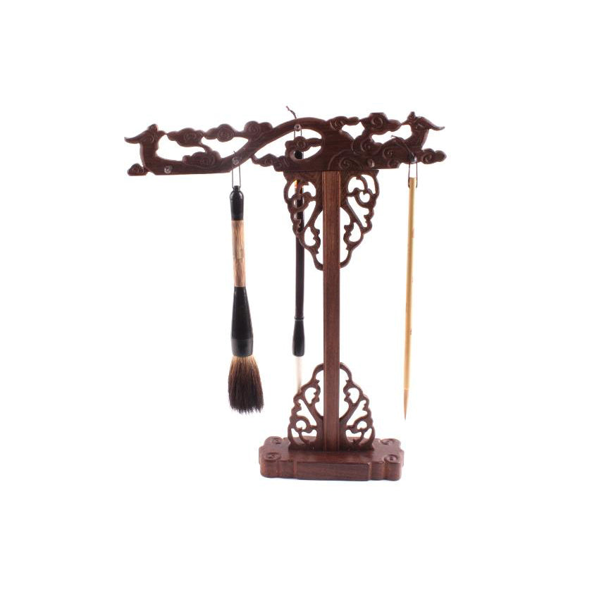 Front image of calligraphy and sumi-e brush rack with phoenix pattern carved by hand in classical oriental style