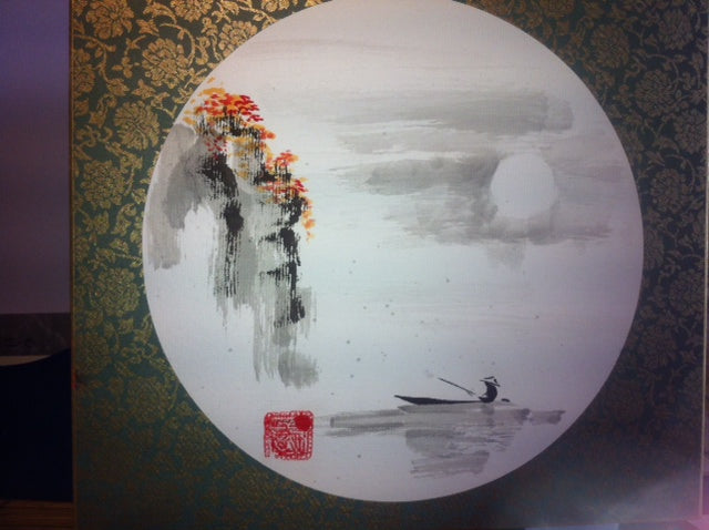 Oriental Sumi Painting Dawn with Mountain River and Fisherman named
