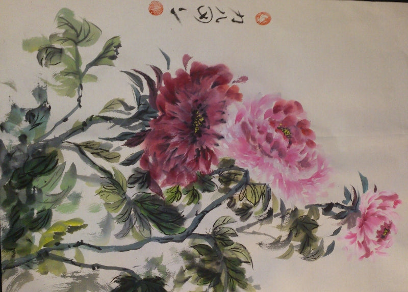Chinese Peonies in Watercolor Sumi Style from Carmen Moreno a Granada based Spanish Sumi Artist and Instructor