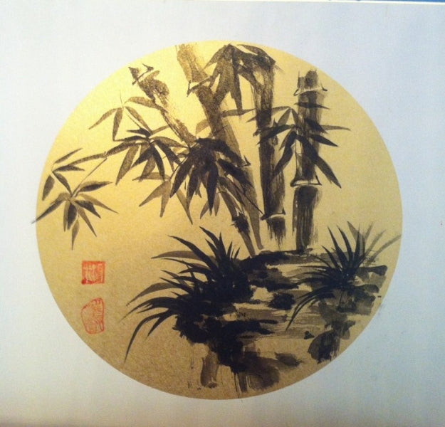 Bamboo Sumi Painting on a Shikishi Board with Golden Shuen Paper from Spanish Artist Carmen Moreno