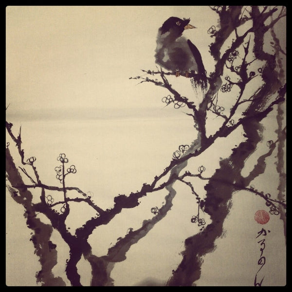 Cold Winter - Sumi painting with bird on a treebranch in front of an endless horizon painted by Carmen Moreno Sumi teacher and artist from Granada in Span