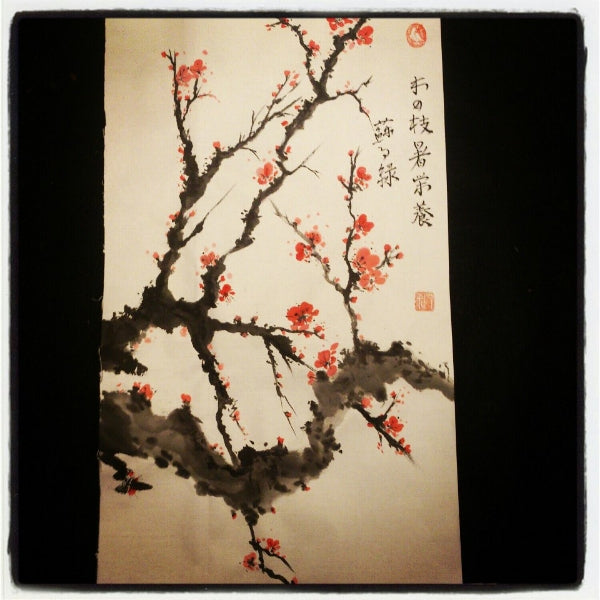 Branch of Oriental Plum Blossoms in Sumi or Shuimo Hua oriental brush painting technique by artist Carmen Moreno from Spain