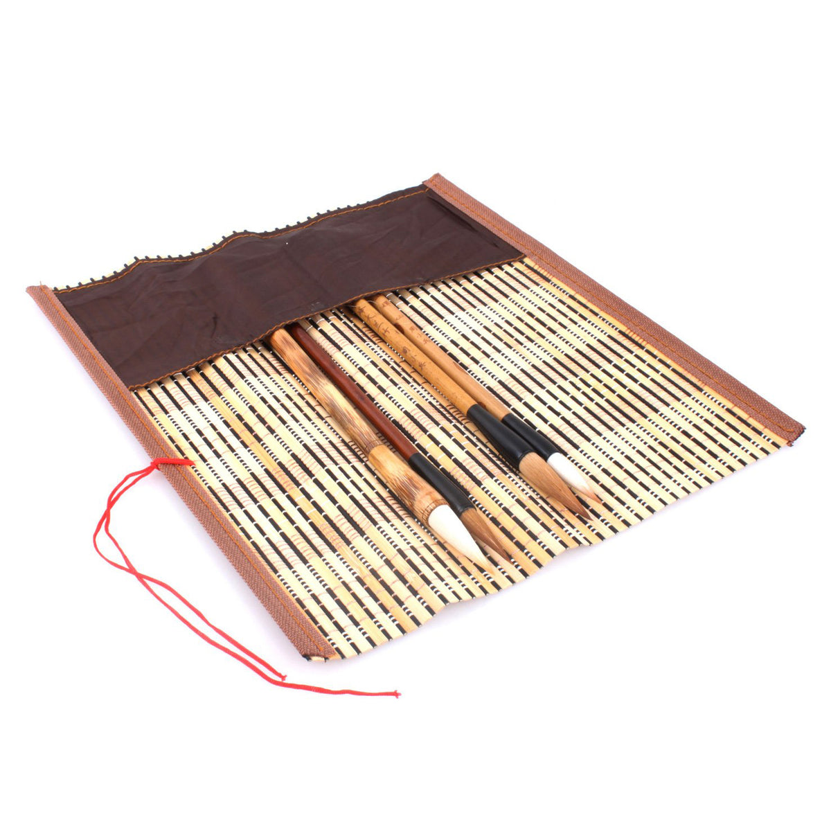 usage view of the bamboo brush wrap with pocket. This product is made of bamboo strips with a cloth pocket at one site where your brushes could be well positioned and protected inside