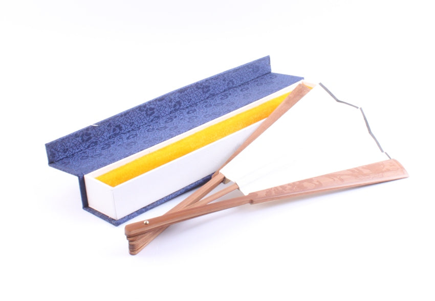 Oriental do it yourself hand fan with hand carved handle of light wood and gold speckled shuen paper - image with gift box of blue brocade