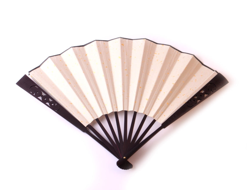 Gold speckled shuen paper do it yourself calligraphy and sumi hand fan with hand carved dark wooden handle