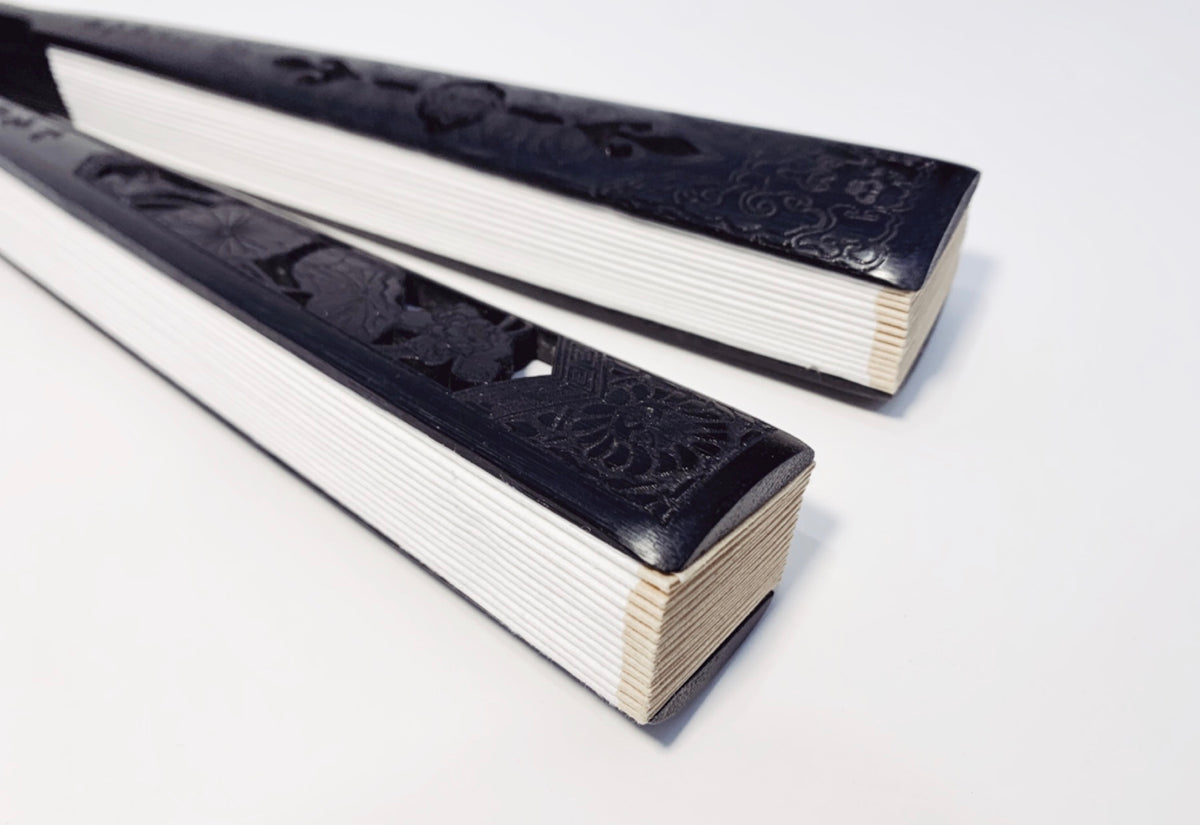 Customized Chinese hand fan made of speckled xuan paper and dark wooden handle with carving pattern which could be painted with your own design