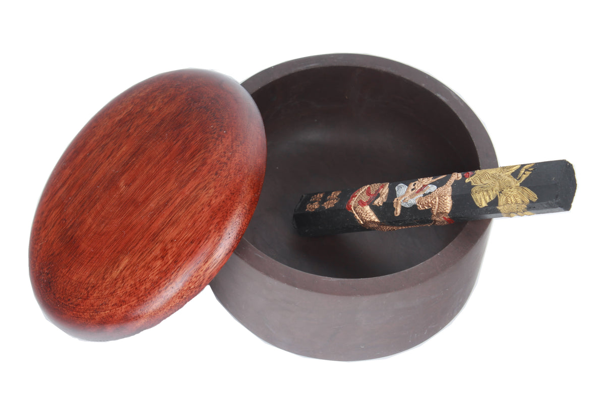 Hand made ink stick inside a Japanese kanji calligraphy &amp; sumi-e brush painting ink well.