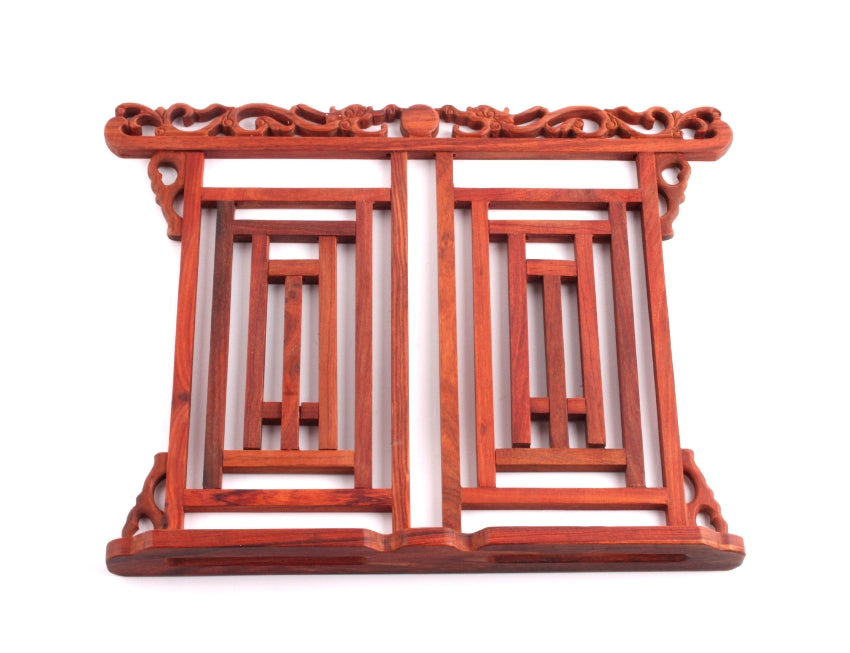 Front view of foldable Chinese wooden book stand with delicate hand carved dragon pattern for positioning calligraphy and sumi-e painting practice books