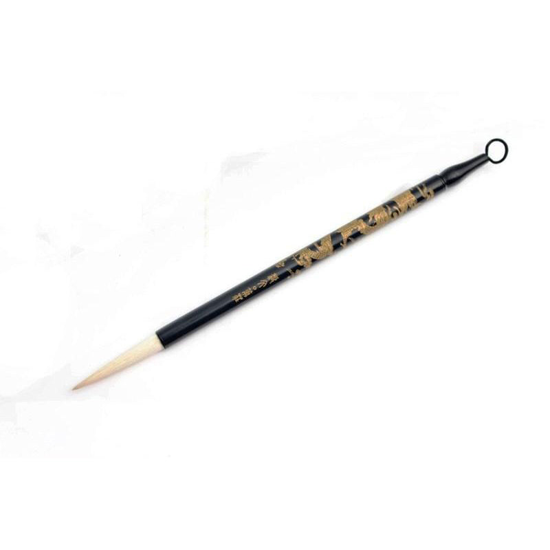 Beautifully carved gold colored dragon wooden handle brush with goat hair long thin tip for calligraphy Cao Shu script.