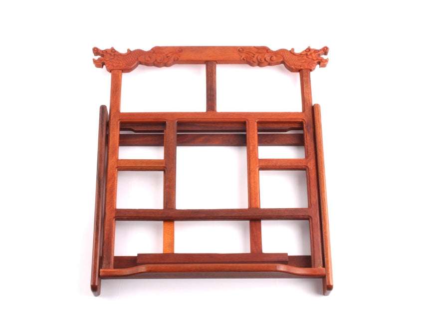 Foldable traditional Chinese hand-made wooden stand for positioning learning material for sumi-painting and chinese &amp; shodo calligraphy view from the front folded