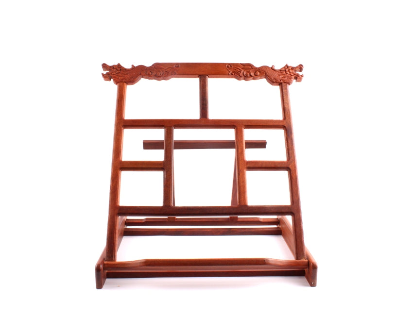 Foldable Oriental hand-carved wooden learning material stand for sumi-painting and chinese &amp; shodo calligraphy view from the front unfolded