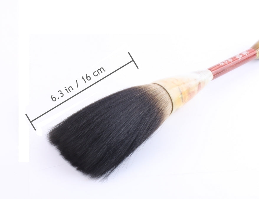 Detail zoom picture of the bear hair bristle tip of an oriental brush for calligraphy and sumi painting indicating the exact dimensions of the tip in centimeters and inches