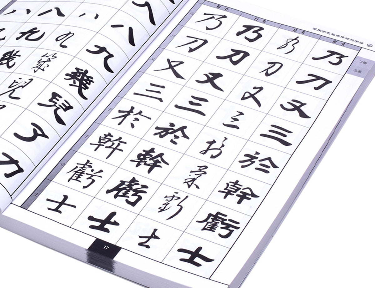 detail view of a page with characters written in kaishu, xingshu, caoshu and lishu for you to understand the development of characters