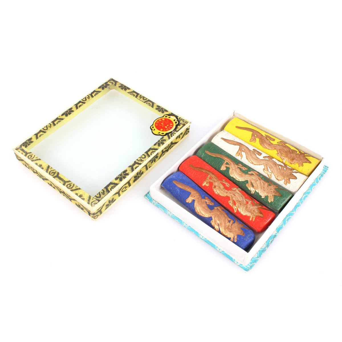 Pack of five differently colored calligraphy and sumi ink sticks for Oriental painting, shodo and kanji - image showing the packaging of the ink sticks.