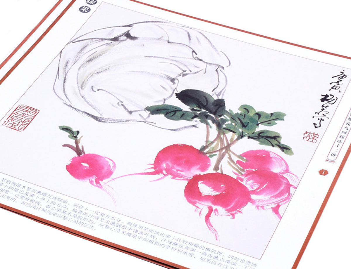enlargement view of the demonstating sumi painting of radish and cabbage