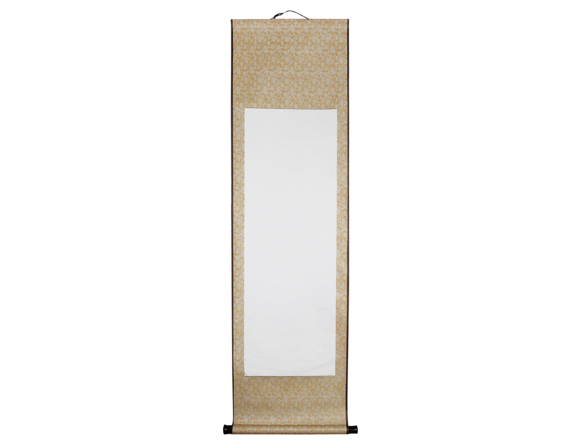 front view with the chinese kanji calligraphy sumi-e hanging scroll lying vertically which is how it is supposed to be hung like in the study room