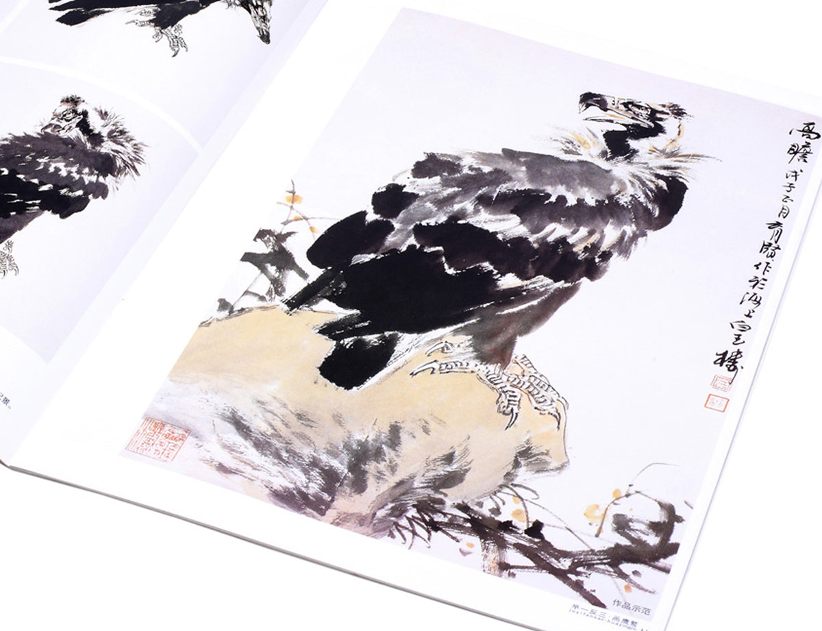 a detail view of an example artwork of a eagle in sumi taken from the book