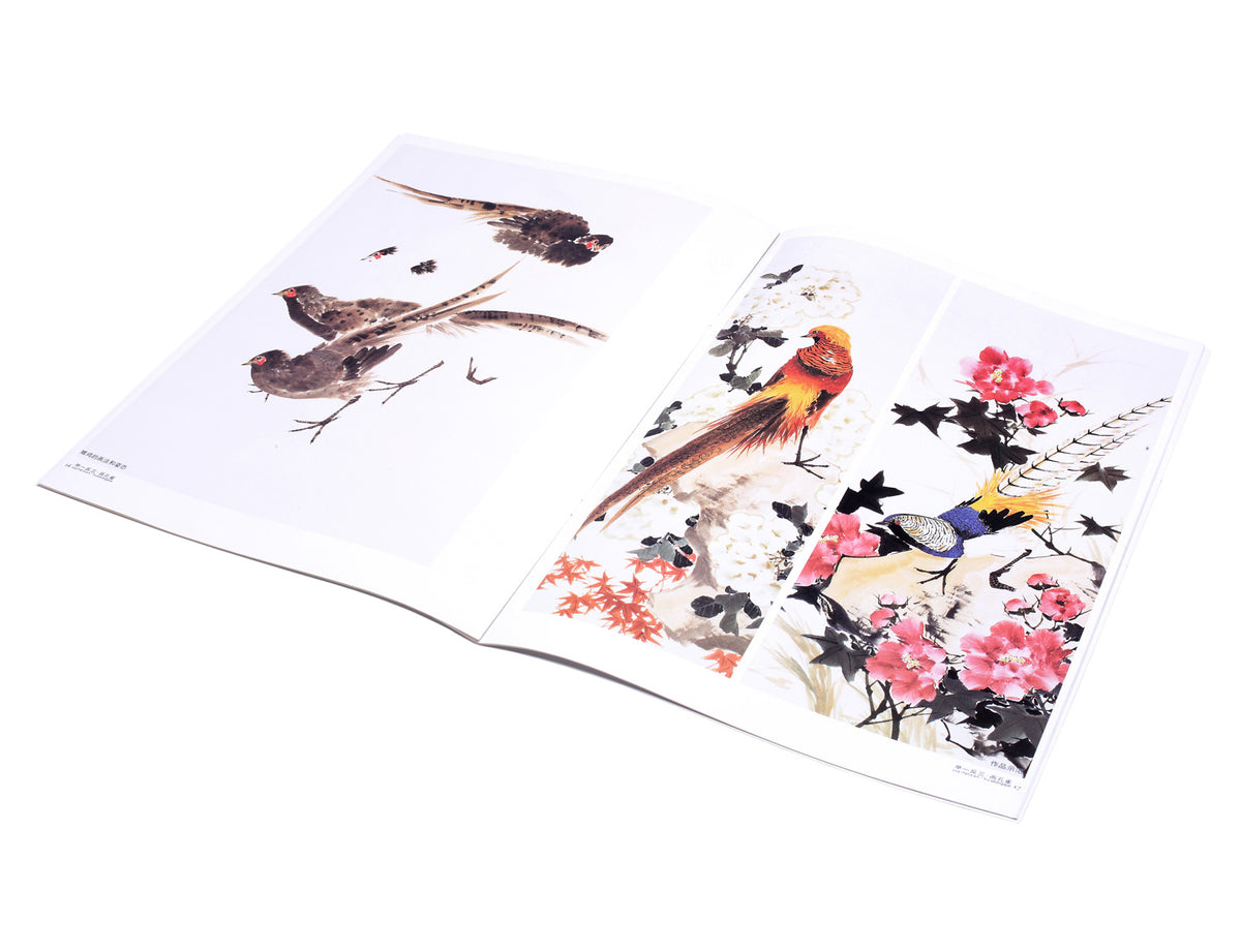 example of a page inside the book illustrating how a peacock painting is developed step by step