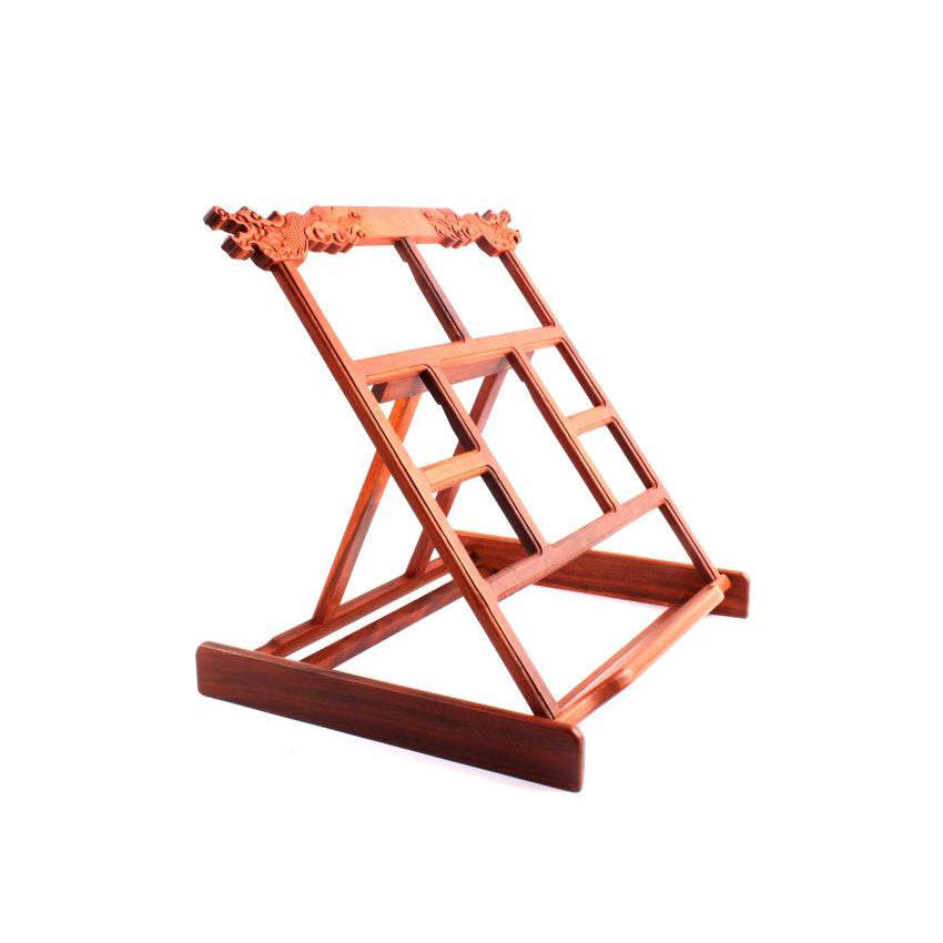Qing Tan wood traditional hand carved Chinese painting book learning material stand unfolded view with a slight angle - suitable for sumi and calligraphy books