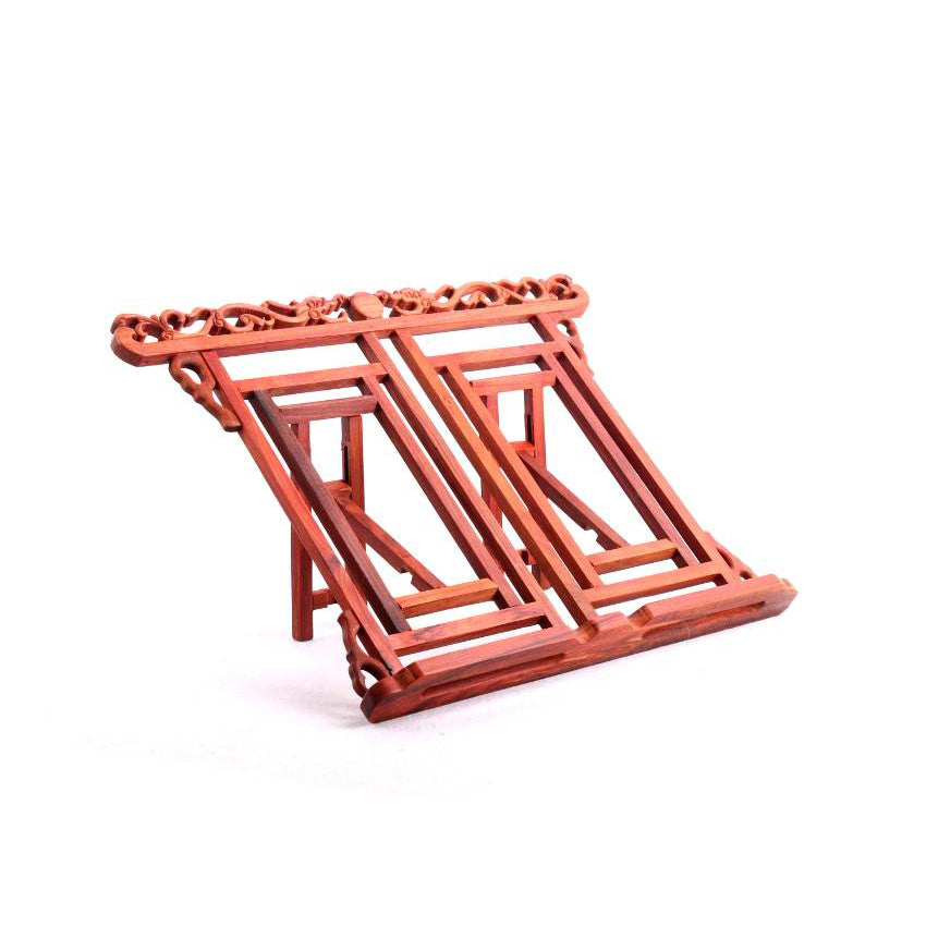 Foldable Chinese book stand for positioning sumi painting books and calligraphy learning material made of wood and hand carved with dragons