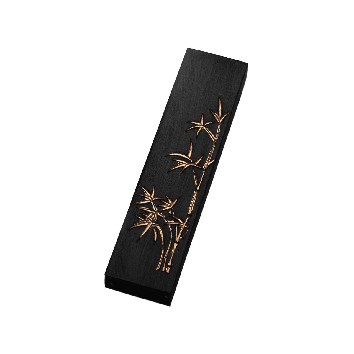 Chinese Tang Mo ink stick which is easy to be ground to ink, decorated with the print of the instick name in silver on one side and a golden bamboo on the other side.