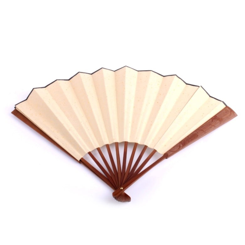 Opened Chinese shodo calligraphy and sumi painting handfan that can be painted on and then assembled, the handle is made of carved light colored wood