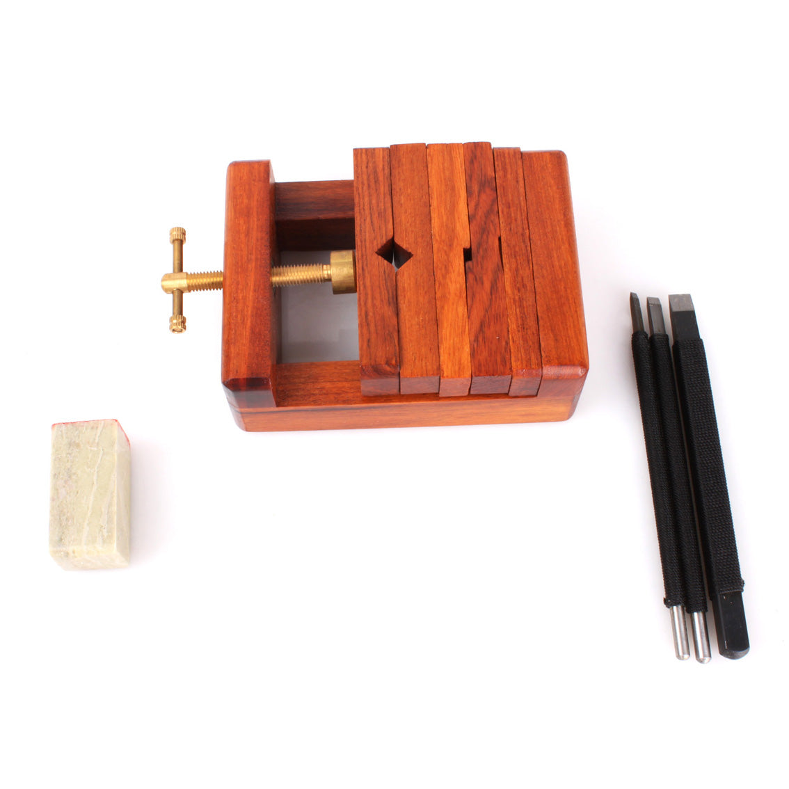 preparation that you need to do to start your own chinese carving journey - a seal carving stand, a seal stone and several seal carving knives with different heads for different purposes
