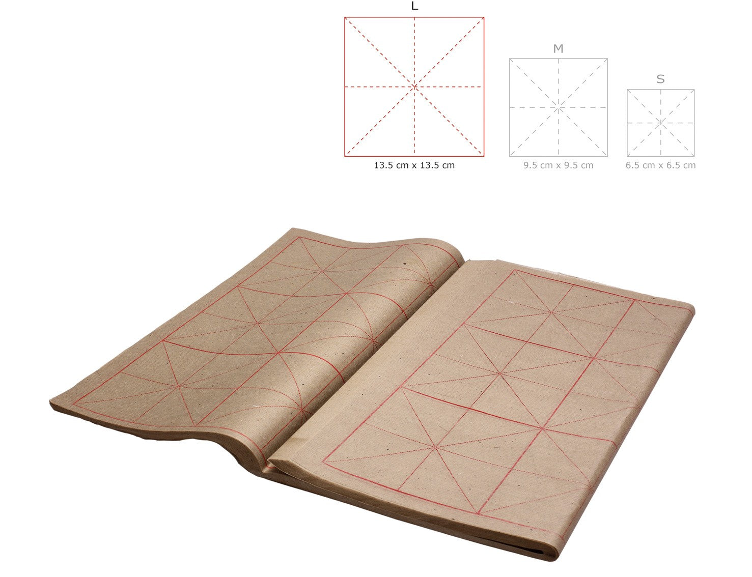 front view of the L size rice grid maobian paper with the three sizes indicated at the top right corner for your reference