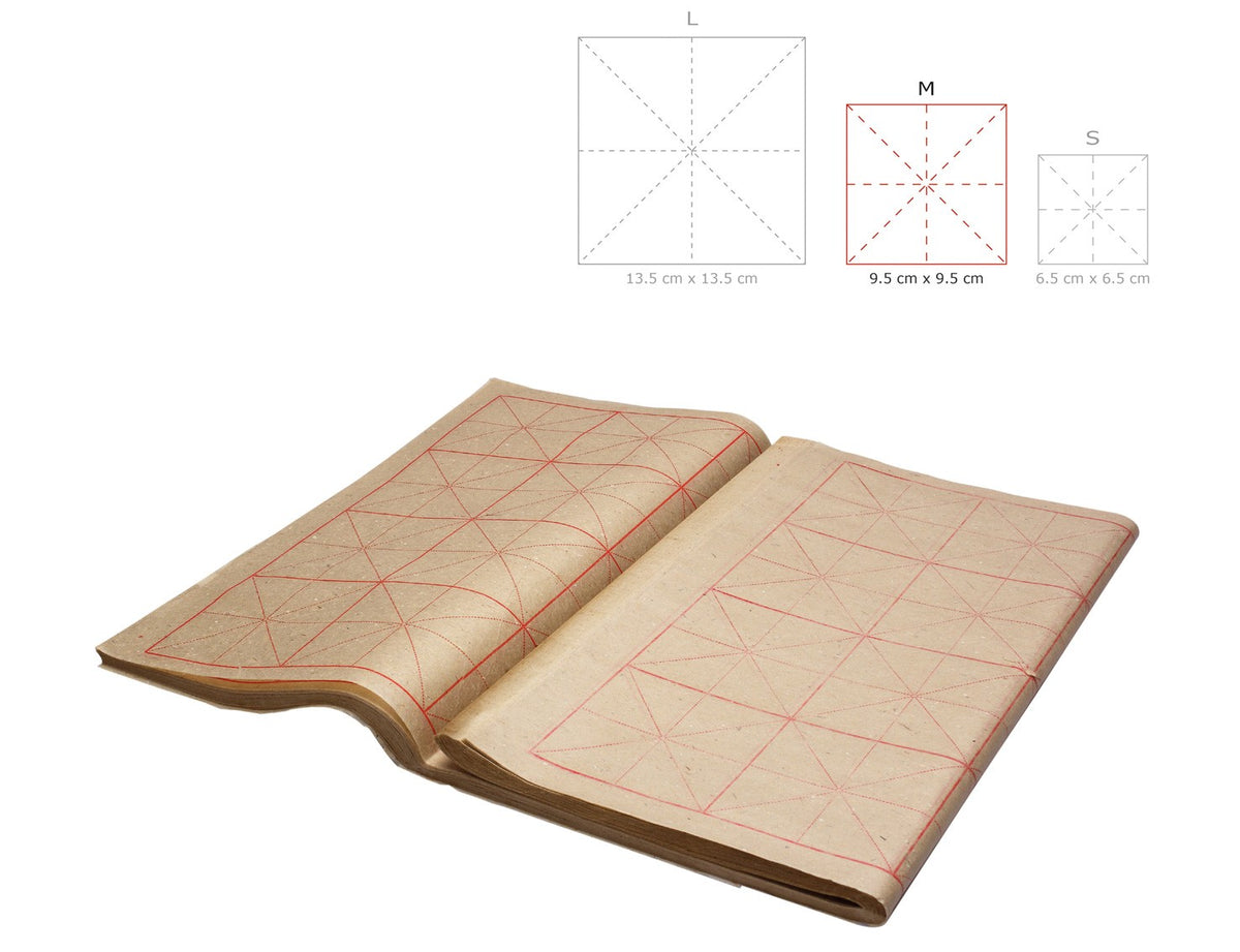 front view of the M size rice grid maobian paper with the three sizes indicated at the top right corner for your reference