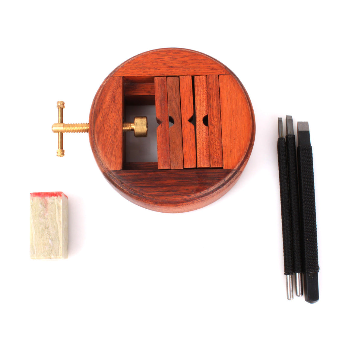 preparation that you need to do to start your own chinese carving journey - a seal carving stand, a seal stone and several seal carving knives with different heads for different purposes