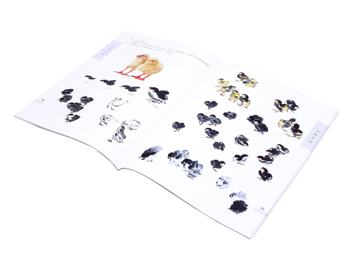 instructional part of this book &lt;ten tricks in chinese painting-chicken&gt; with a picture of two real chicken and the guidances of how to paint little chicken step by step in different postures
