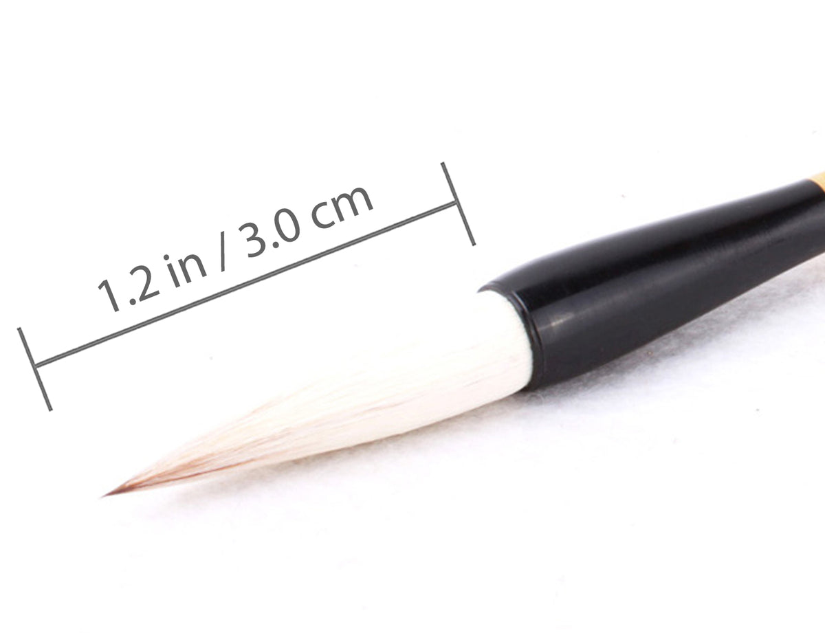 detail view of the tip of this &quot;The Refined&quot; - Goat and Weasel Hair Sumi-e Brush with dimensions indicated for reference