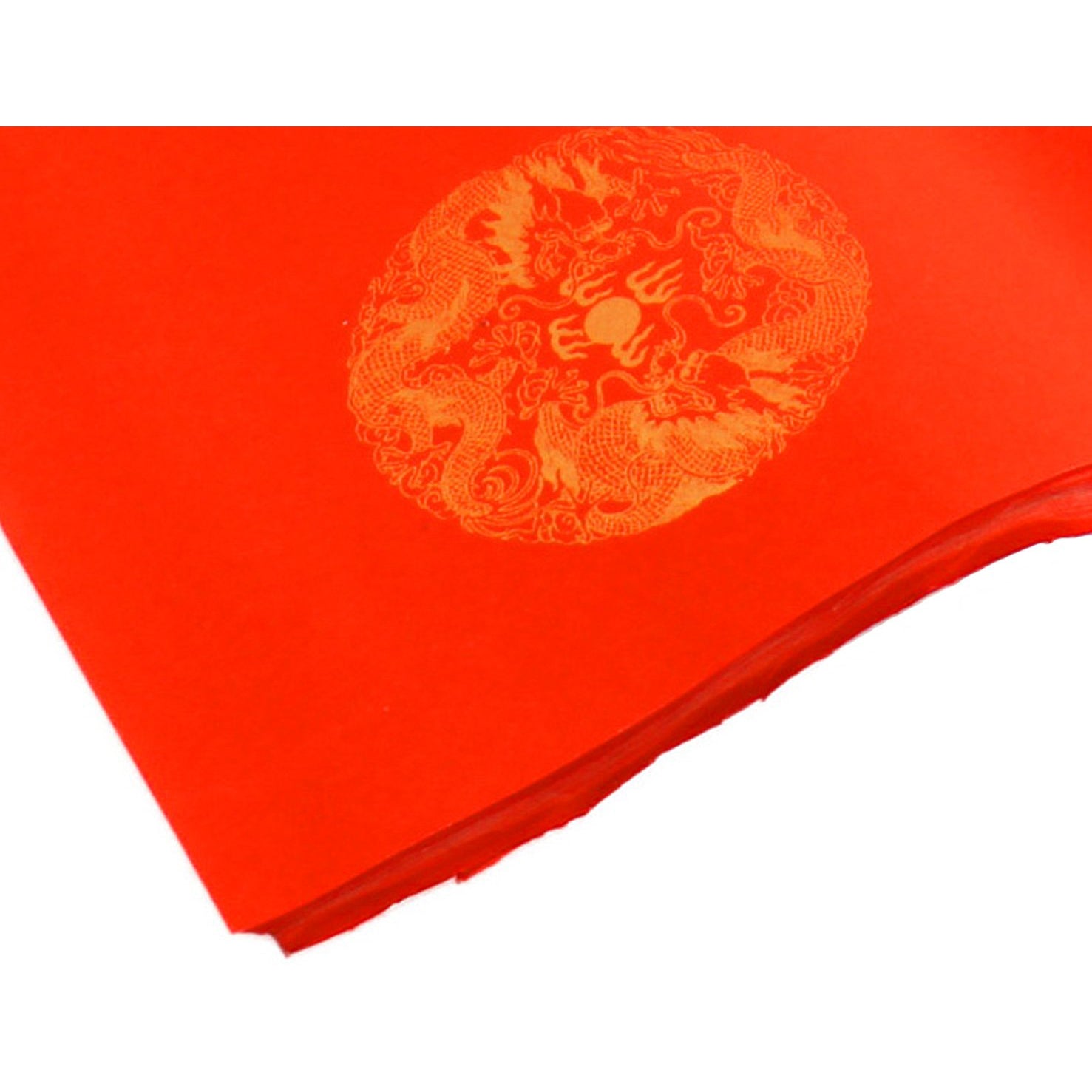 detail view of the premium decorative paper the Red Shuen Paper (Xuan Paper) with Golden Dragon Ornaments