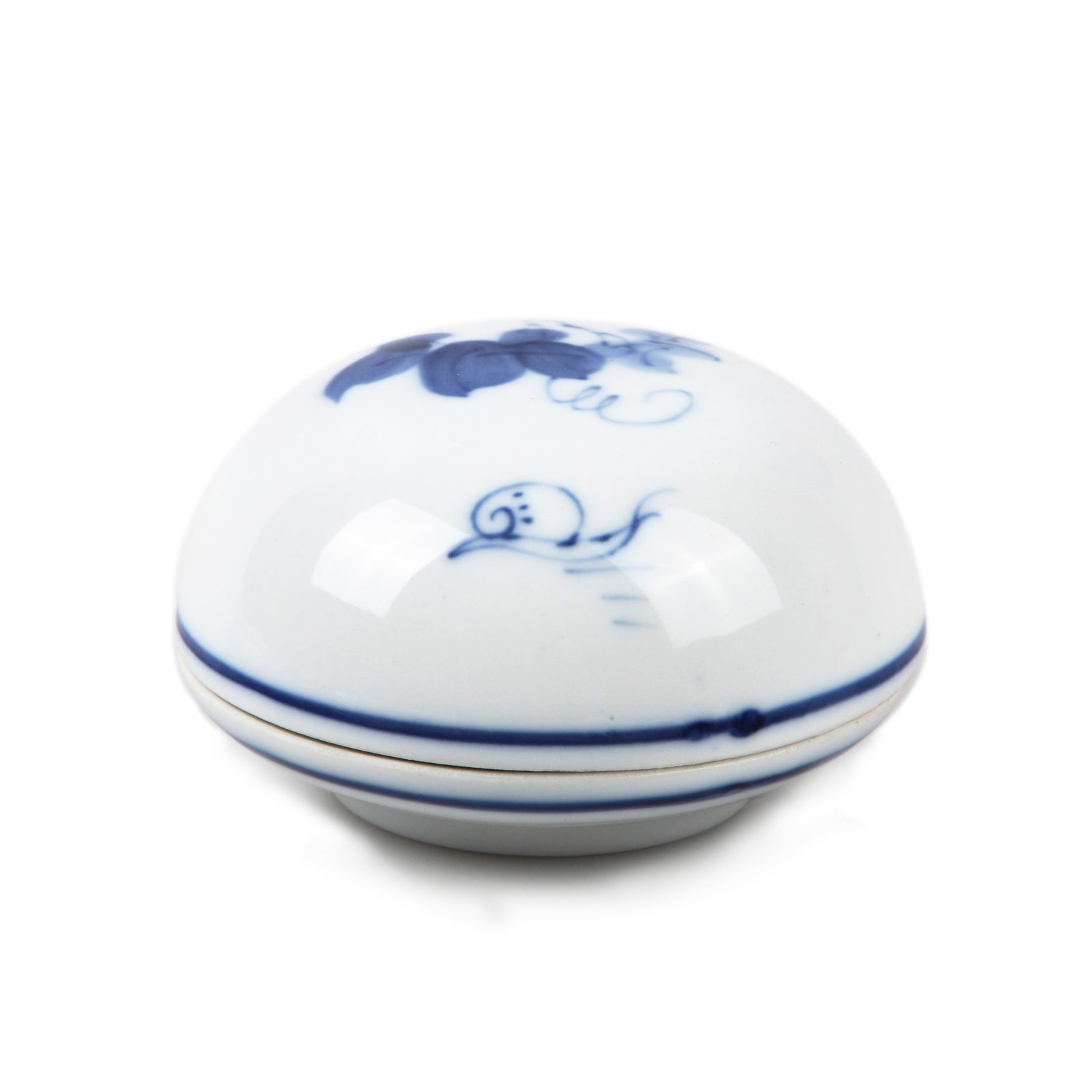Traditional Chinese seal paste storage container made of white porcelain with hand painted ornaments of blue flowers as decoration - used to store seal paste for Chinese seals as well as Japanese Hanko and Korean Dojang seals